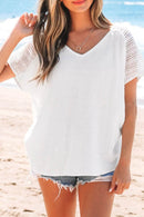 Lace Crochet Button Back V-Neck T-Shirt - Semi-Sheer 100% Cotton Top for Stylish Comfort - Store 42