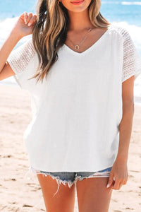 Lace Crochet Button Back V-Neck T-Shirt - Semi-Sheer 100% Cotton Top for Stylish Comfort - Store 42