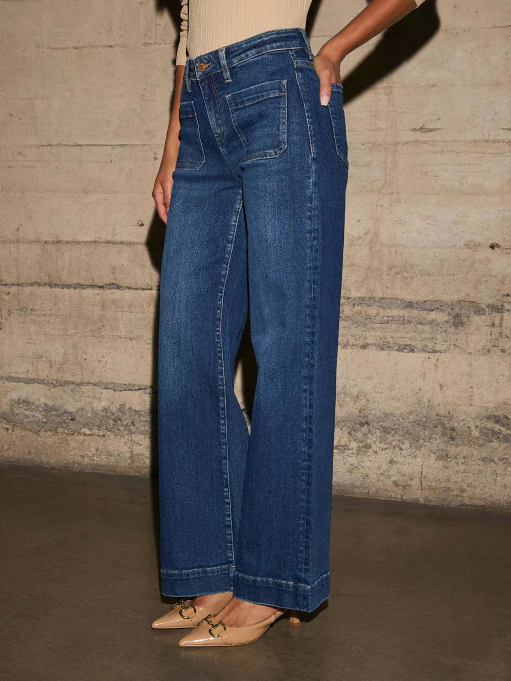 Trendy High Rise Wide Leg Jeans with Front Pocket - Slightly Stretchy & Comfortable Fit
