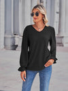 Elegant Eyelet V-Neck Blouse with Flounce Sleeves - Slightly Stretchy Cotton Blend - Store 42