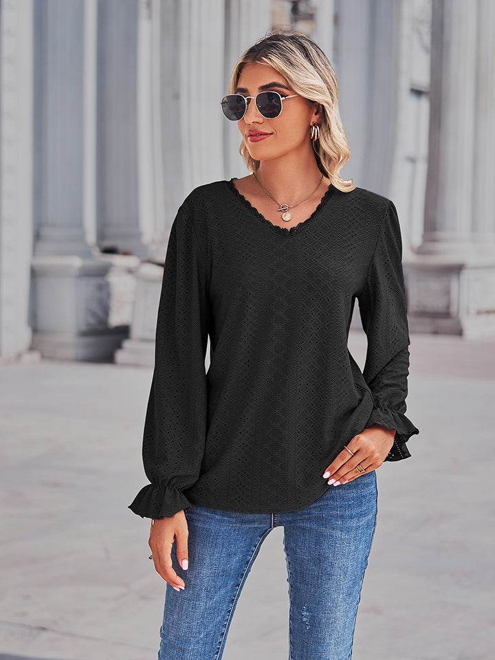 Elegant Eyelet V-Neck Blouse with Flounce Sleeves - Slightly Stretchy Cotton Blend - Store 42