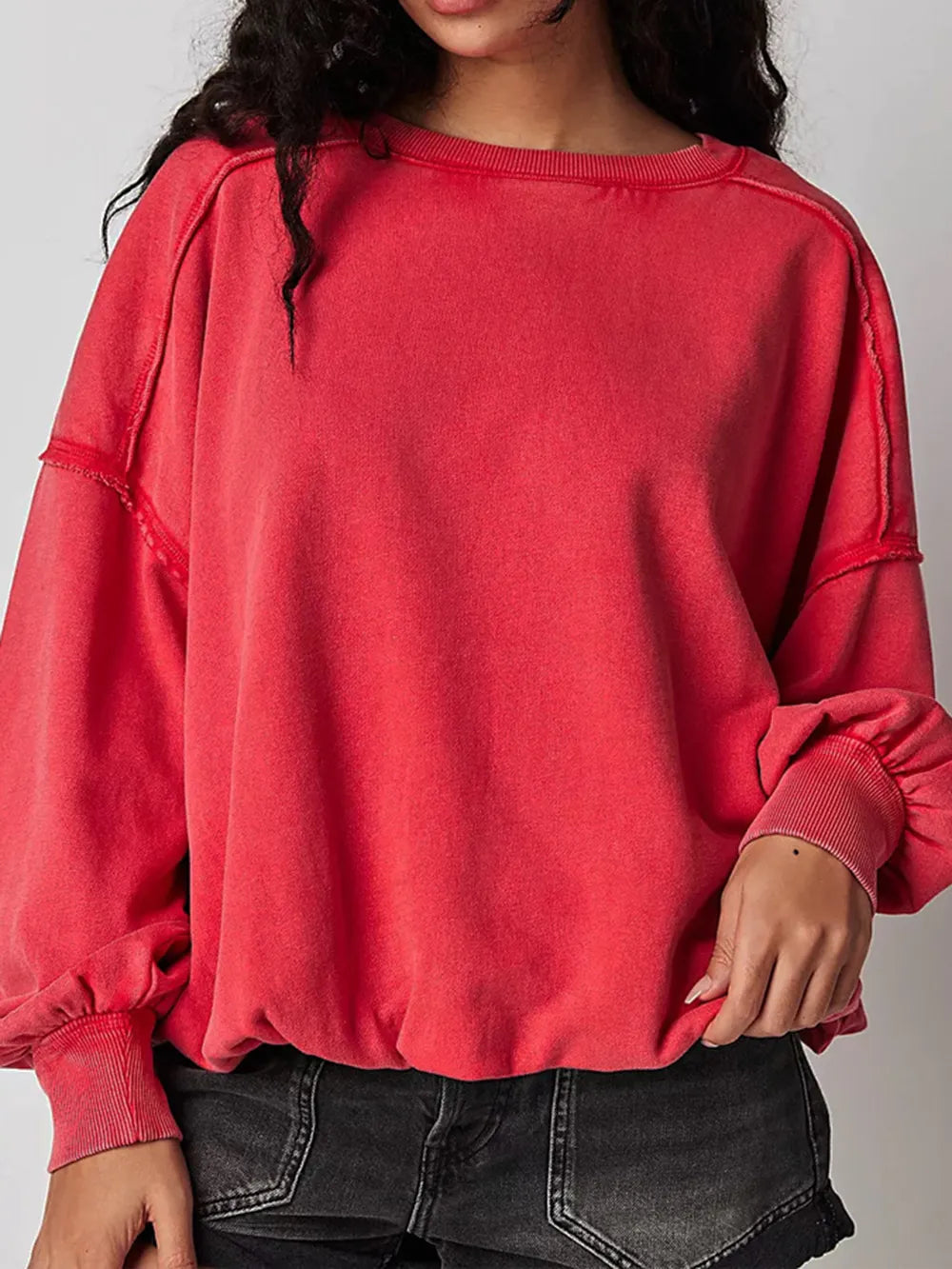 Trendsi Exposed Seam Round Neck Long Sleeve Sweatshirt - Opaque 100% Polyester, No Stretch