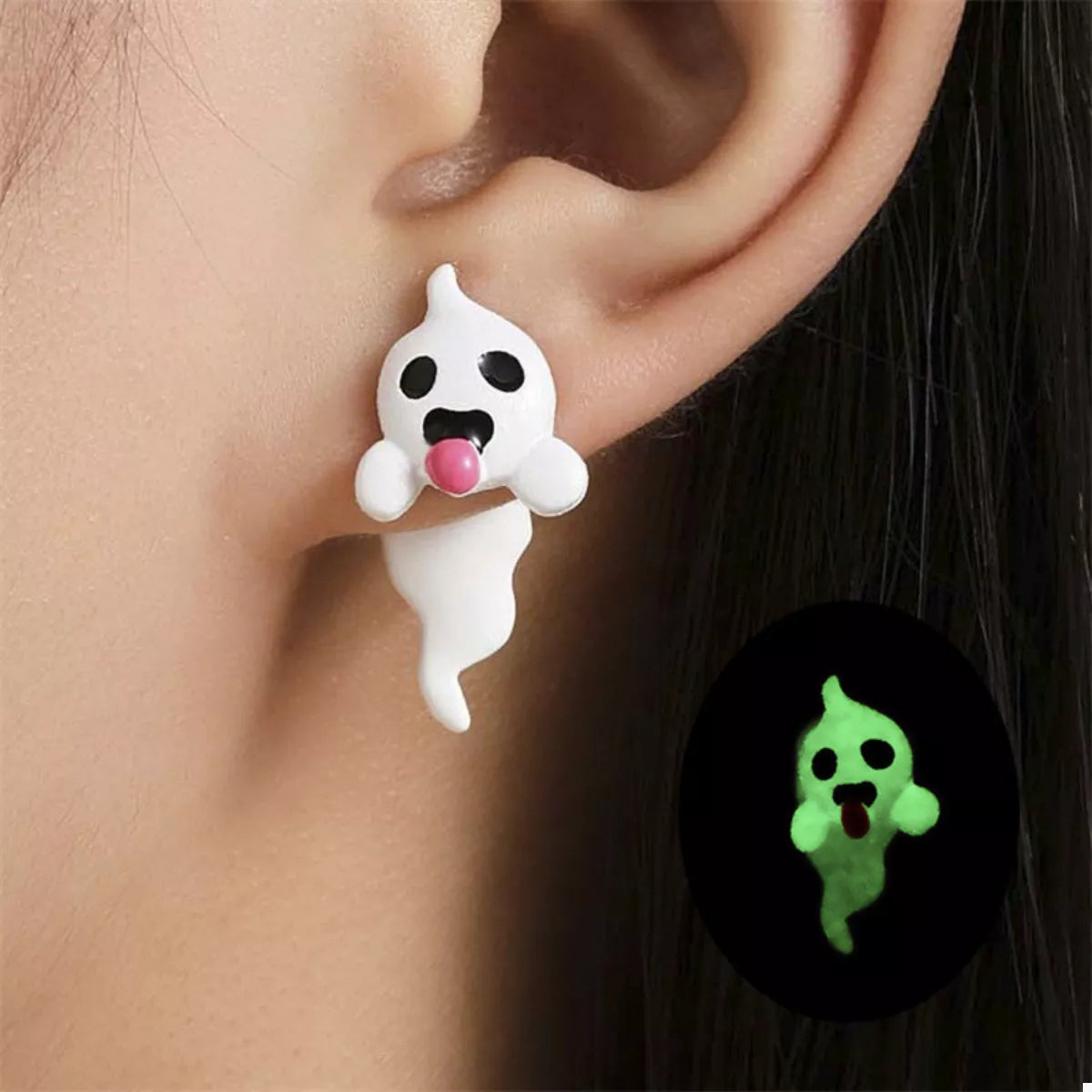 Dazzling 18K Gold-Plated Halloween Ghost & Pumpkin Dangle Earrings with Rhinestones