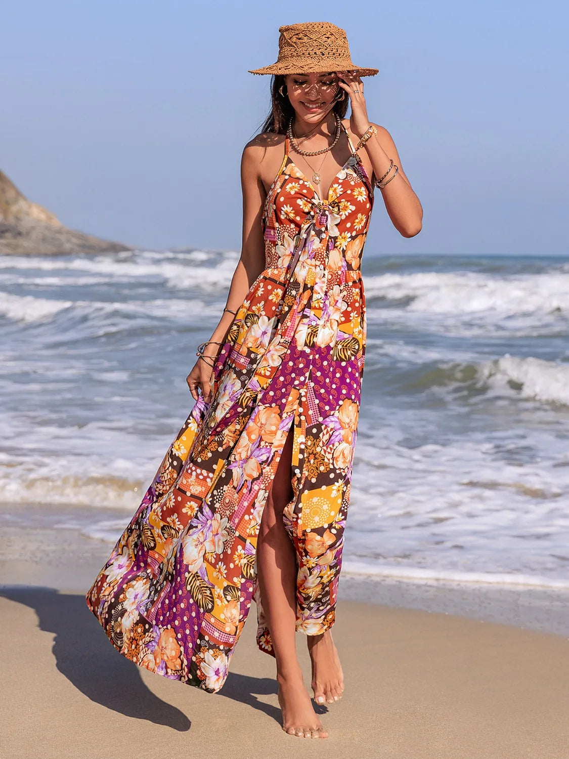 Slit Printed Halter Neck Cami Dress - 100% Polyester, Buttoned Design, No Stretch