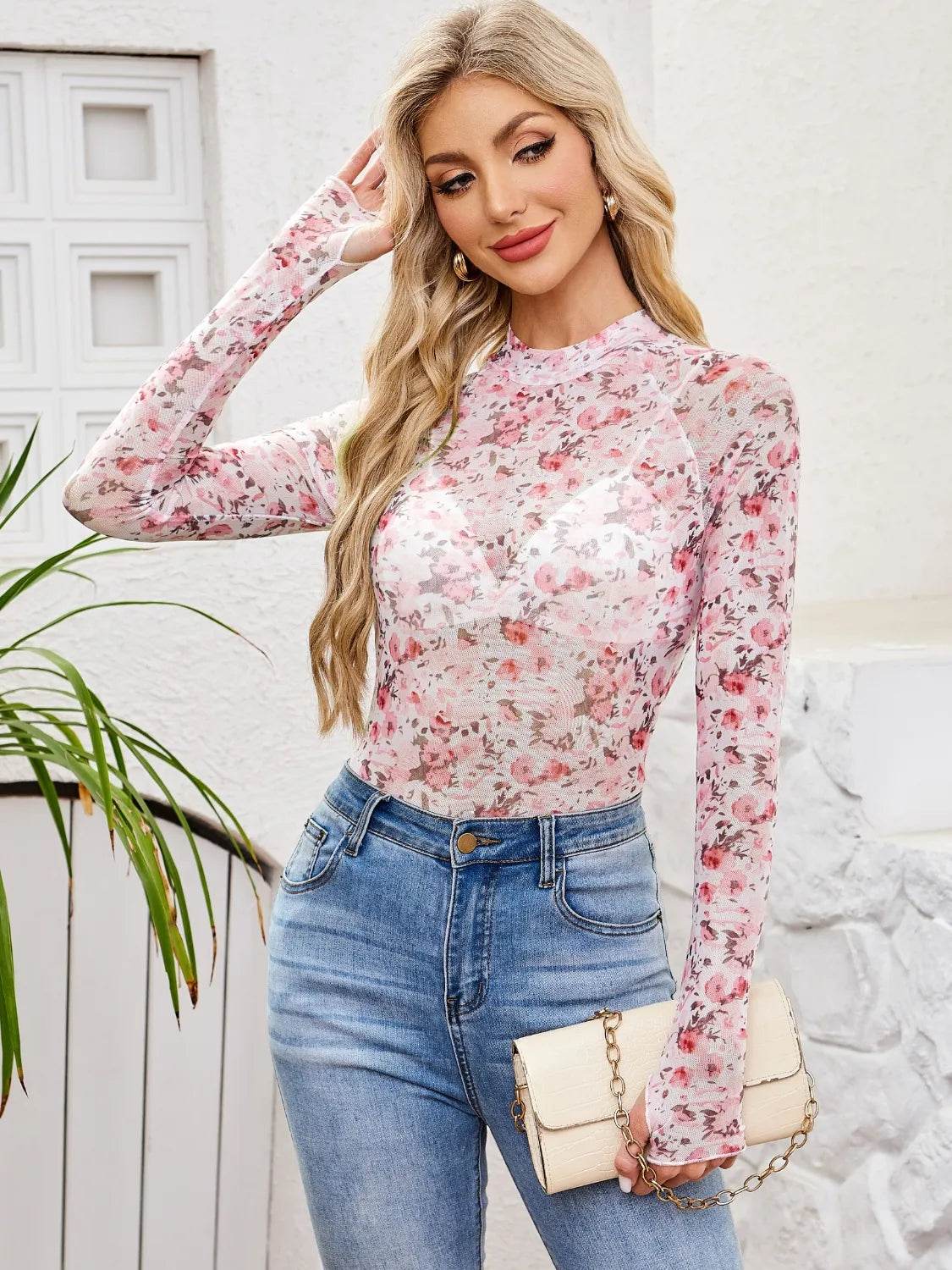 Floral Mock Neck Long Sleeve Top for Women - Slightly Stretchy, Comfortable Polyester Blend - Store 42