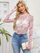 Floral Mock Neck Long Sleeve Top for Women - Slightly Stretchy, Comfortable Polyester Blend - Store 42