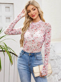 Floral Mock Neck Long Sleeve Top for Women - Slightly Stretchy, Comfortable Polyester Blend - Store 42