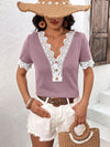 Ivy Lane Decorative Button Spliced Lace Short Sleeve Top - Store 42