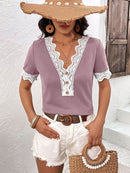Ivy Lane Decorative Button Spliced Lace Short Sleeve Top - Store 42