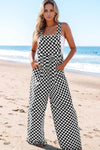 Checkered Print Pocketed Wide Leg Jumpsuit Black