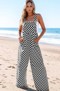 Checkered Print Pocketed Wide Leg Jumpsuit Black