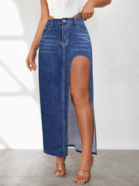 High Rise Slit Denim Skirt Dark Blue