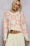 POL V-Neck Heart Pattern Checkered Sweater CREAM PINK