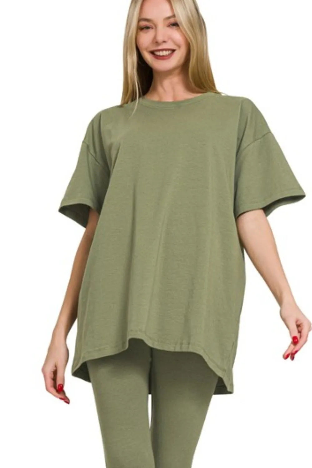 Olive Green Zenana Cotton Oversized Tunic Top & Legging Set for All-Day Comfort