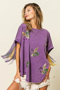 BiBi Vintage Bohemian Purple Washed T-Shirt with Butterfly Embroidery and Fringe Sleeves - Store 42