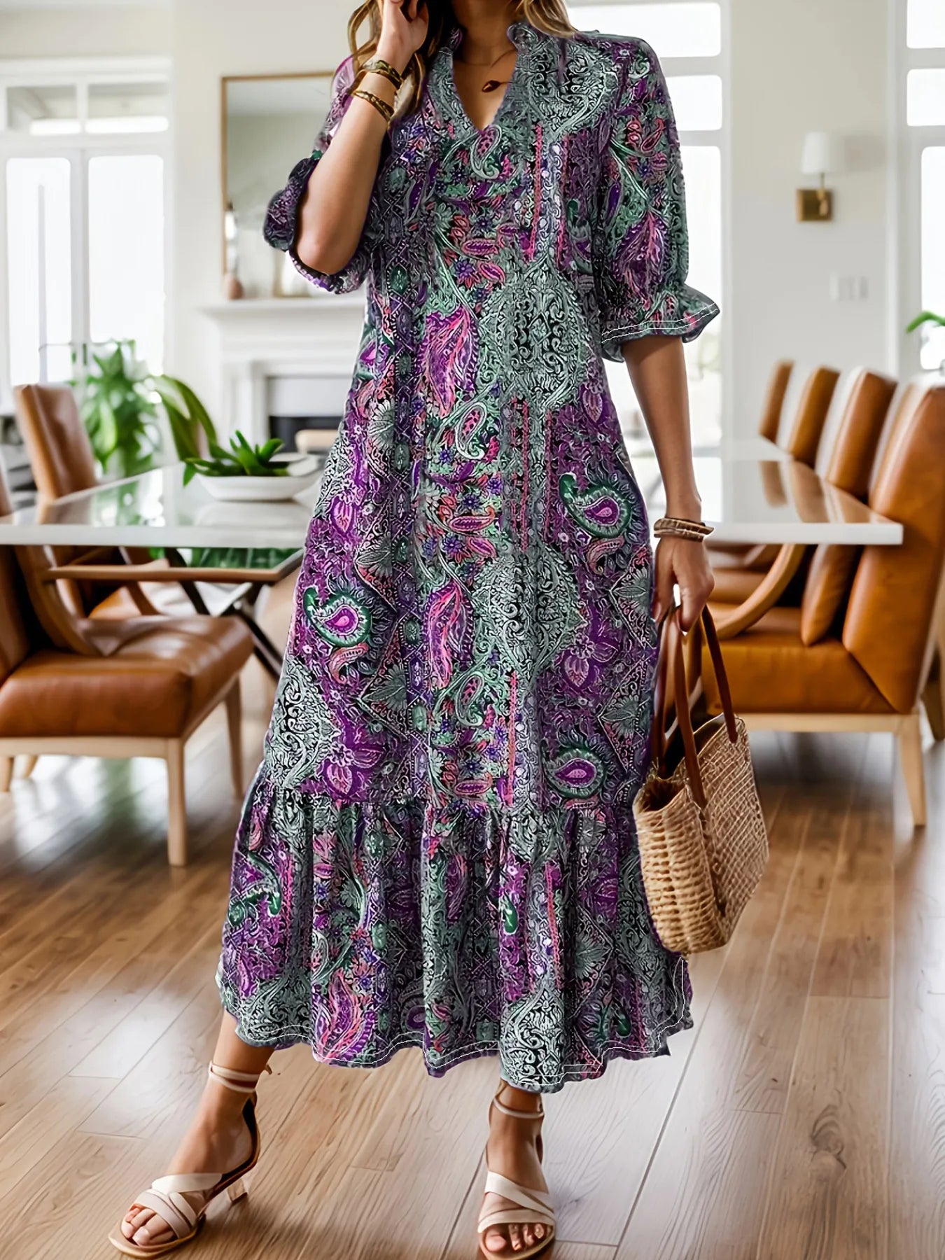 Full Size Bohemian Paisley Print Ruffle Hem Midi Dress Plus Size Purple