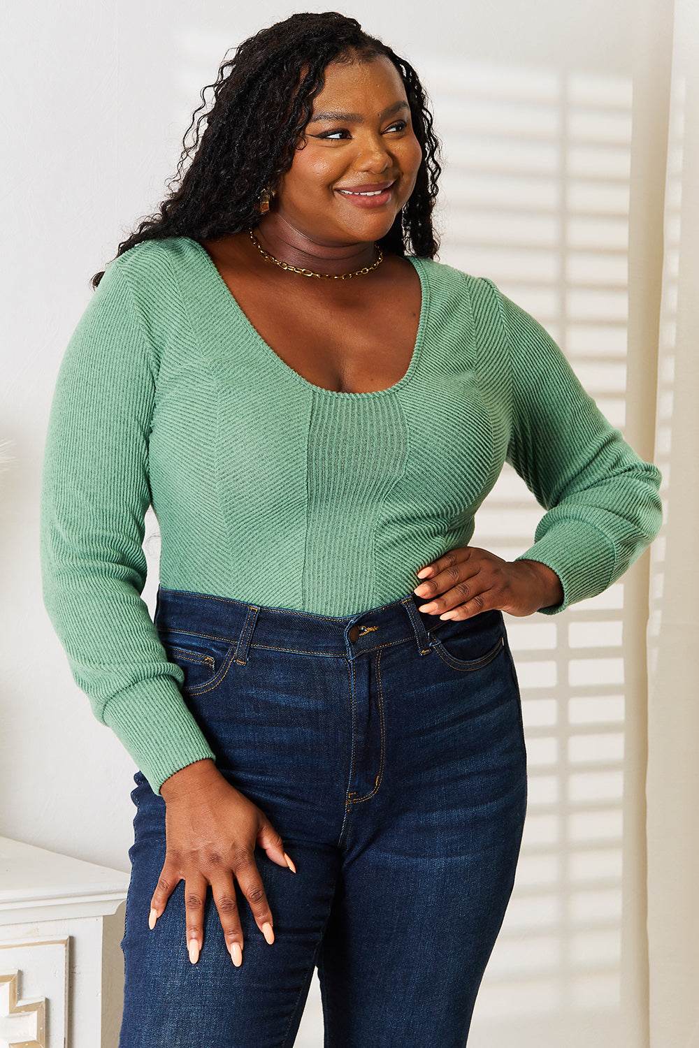 Scoop Neck Long Sleeve Top - Basic Bae Style, Elegant Opaque Design, Slightly Stretchy Fabric