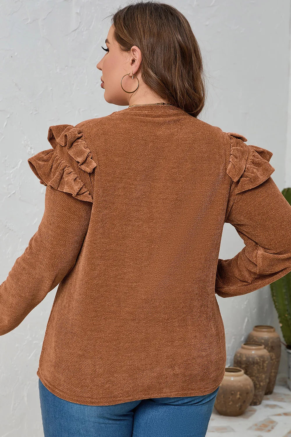 Plus Size  Ruffled Round Neck Long Sleeve T-Shirt - Stylish, Slightly Stretchy, 100% Polyester