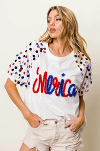 BiBi Metallic Letter Spangle Raglan Puff Sleeve Top - Store 42