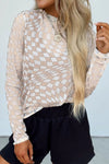 Checkered Mock Neck Long Sleeve Blouse Beige