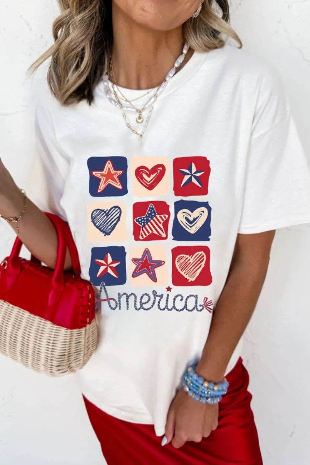 American Heart Star Checkered Graphic Tee for Women - Soft Stretchy Fabric, Casual Style