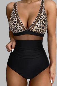 Leopard V-Neck Wide Strap One-Piece Swimwear Black