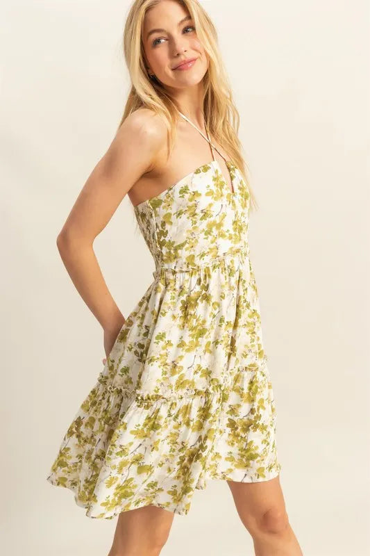 Trendy HYFVE Floral Print Mini Dress with Halter Neck & Tiered Skirt for Summer Style
