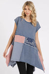 Mittoshop Patchwork Mineral Washed Round Neck Cap Sleeve Top NAVY