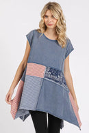 Mittoshop Patchwork Mineral Washed Round Neck Cap Sleeve Top NAVY