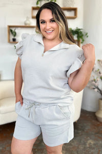 Double Take Full Size Texture Flounce Sleeve Top and Drawstring Shorts Set