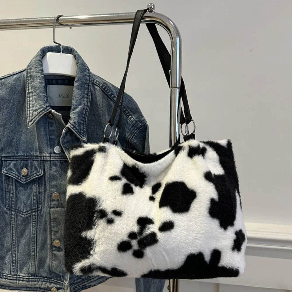 Large Cow Print Furry Tote Bag - Stylish Faux Fur, PU Leather, and Polyester Material - Store 42