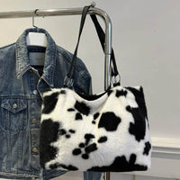 Large Cow Print Furry Tote Bag - Stylish Faux Fur, PU Leather, and Polyester Material - Store 42