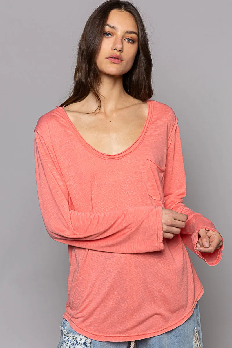 POL Chest Pocket Long Sleeve T-Shirt for Men - Comfortable, Versatile Basic Style - 94% Rayon, 6% Spandex