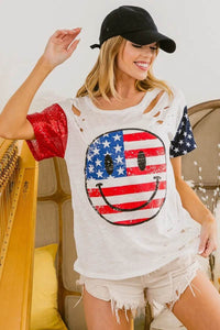 BiBi Fourth Of July Top With Laser Cut And Smile Face - Store 42