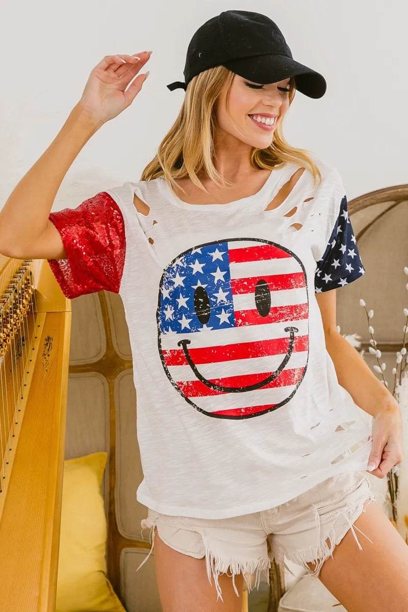 BiBi Fourth Of July Top With Laser Cut And Smile Face - Store 42