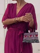 Full Size Flowy Tie Front Midi Dress with Flutter Sleeves Plus Size - Store 42