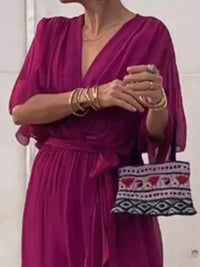 Full Size Flowy Tie Front Midi Dress with Flutter Sleeves Plus Size - Store 42