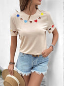 Heart Cutout Short Sleeve T-Shirt - Slightly Stretchy, Soft Polyester Blend Top - Store 42