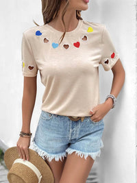 Heart Cutout Short Sleeve T-Shirt - Slightly Stretchy, Soft Polyester Blend Top - Store 42