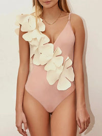 Contrast Flower Spaghetti Strap One-Piece Swimwear Pale Blush