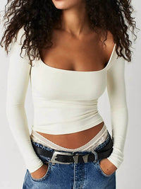 Sleek Square Neck Fitted Long Sleeve T-Shirt - Slightly Stretchy Polyester Blend - Store 42