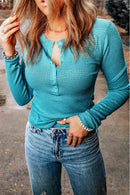 Trendy Half-Snap Long Sleeve Waffle-Knit Top - Casual Round Neck Style in Solid Colors - Store 42