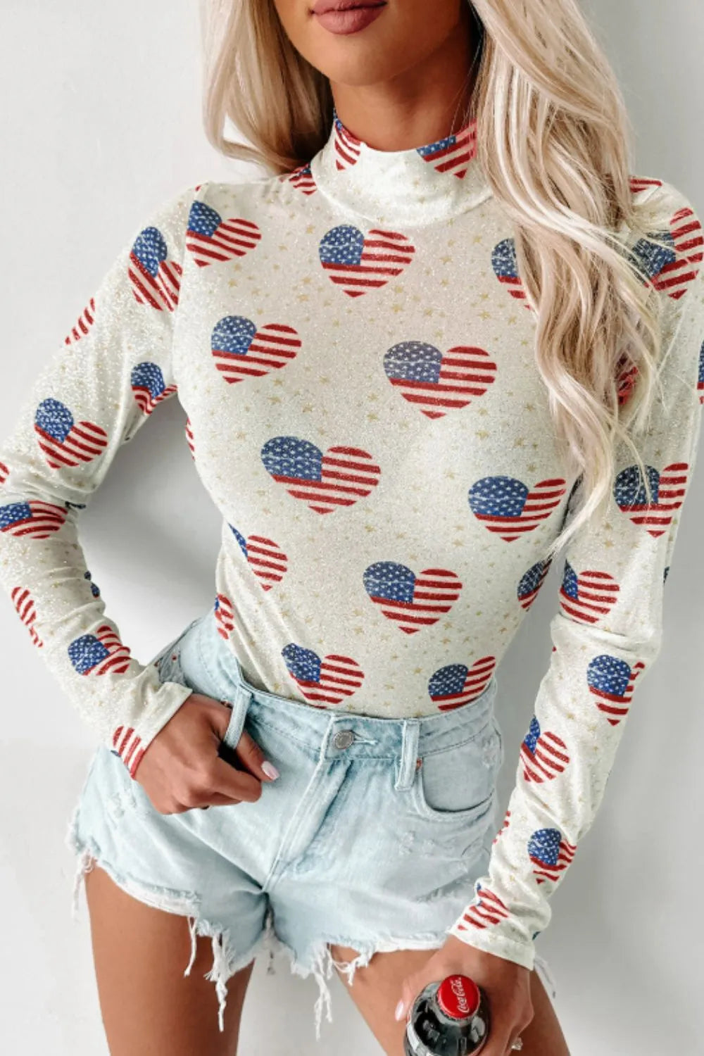 US Flag Heart Mock Neck Long Sleeve Sheer Bodysuit - Stretchy and Stylish Women’s Top