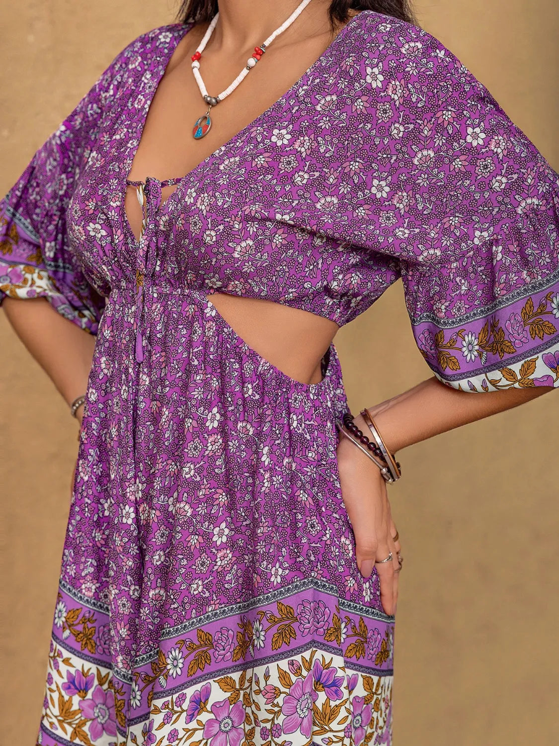 Tied Front Cutout Printed Romper