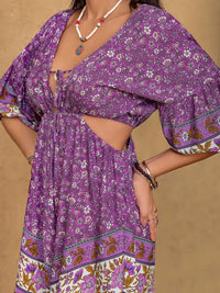 Tied Front Cutout Printed Romper