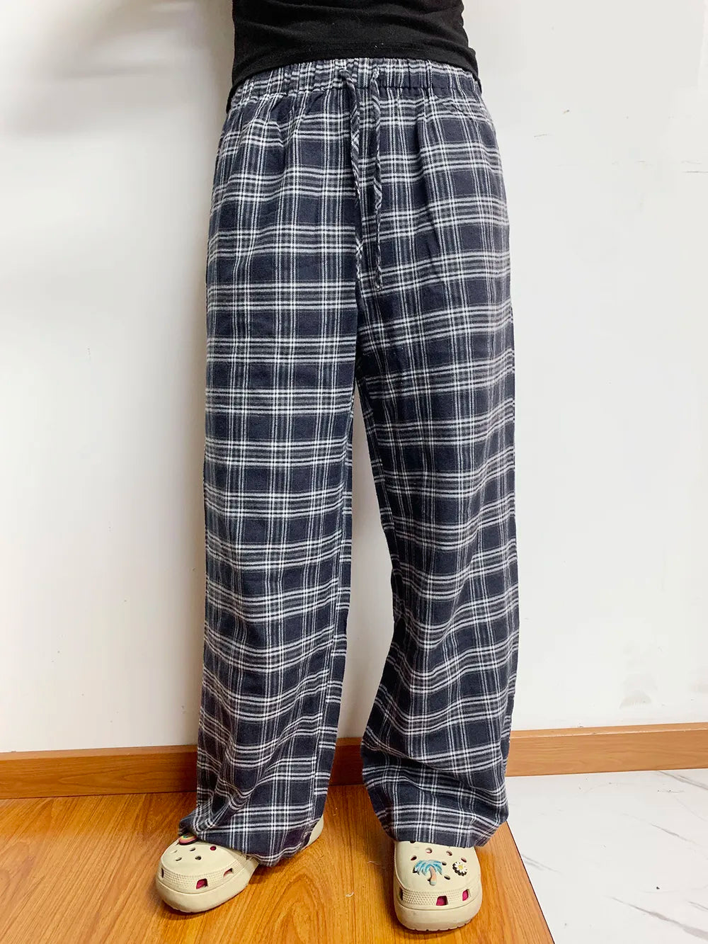 Plaid Wide Leg Pants with Drawstring and Pockets - Comfortable Opaque Fabric