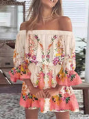 Full Size Floral Off-Shoulder Flounce Sleeve Mini Dress Plus Size - Store 42