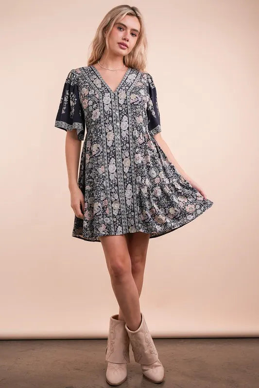 Shirred Detail Printed Woven Mini Dress with Tiered Design for Day to Night Style