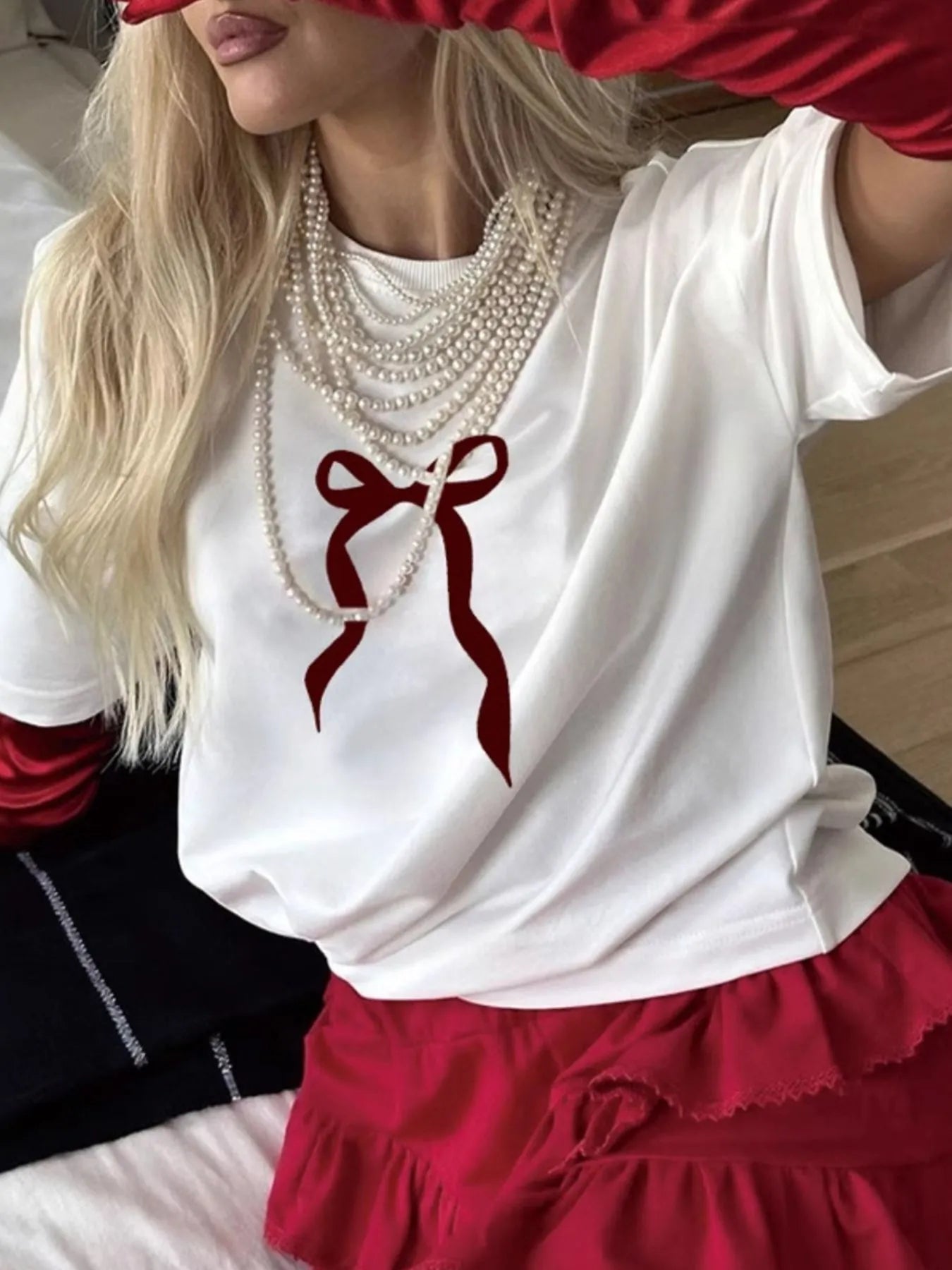 Plus Size 100% Polyester Oversized Bow Round Neck Short Sleeve T-Shirt for Women
