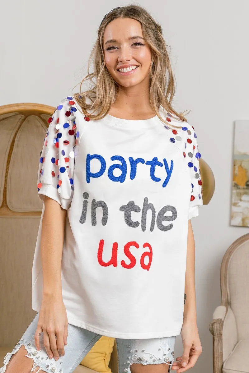 USA-Party Inspired Spangle Puff Sleeves Top - Trendy & Feminine Sparkle Blouse